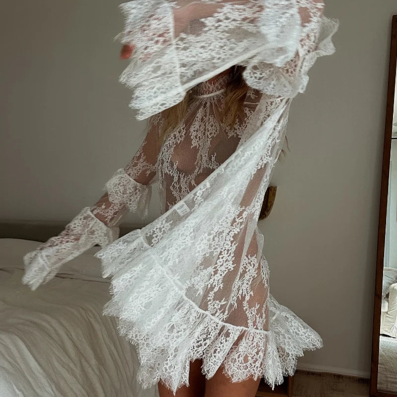 Transparent Sexy Solid Color Bikini Covers Women Embroidery Turtleneck Swing Mini Dress 2025 Long Sleeved Lace Top Streetwear