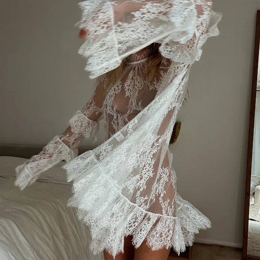 Transparent Sexy Solid Color Bikini Covers Women Embroidery Turtleneck Swing Mini Dress 2025 Long Sleeved Lace Top Streetwear