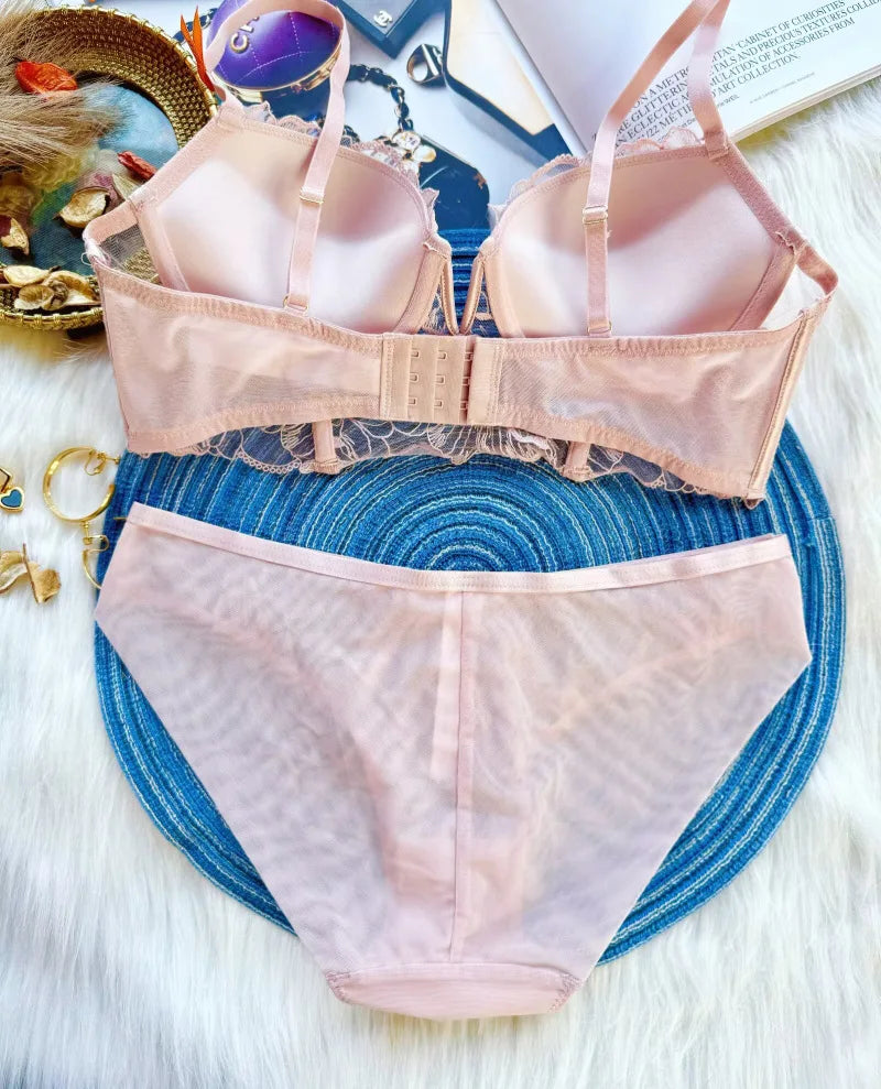 Big Size 70-85 BCD 2025 New Embroidery Deep-V Neck Lingerie For Women Sexy Underwear Thin Thicken Push Up Female Bra Pants Sets