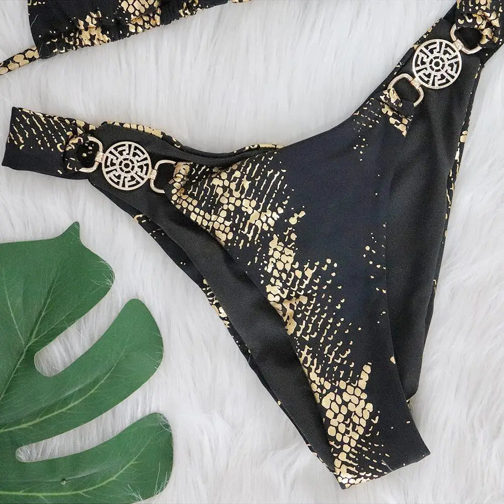 Women’s 2026 White Snake‑Skin Rhinestone Micro Bikini – Luxury Brazilian Push‑Up Thong Swimsuit