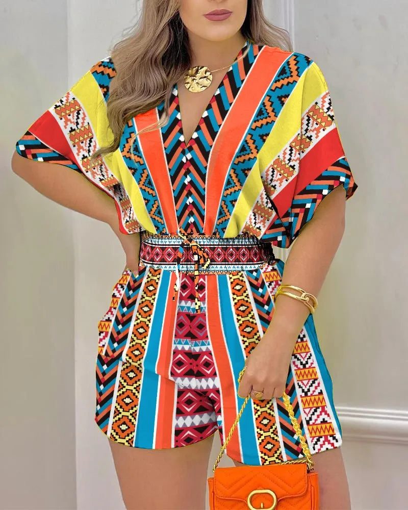 Jumpsuit Women Summer Women Loose Casual Printing Jumpsuit 2024Elegant Women Fashion V-neck Short Sleeve Waist Shorts Jumpsuit
