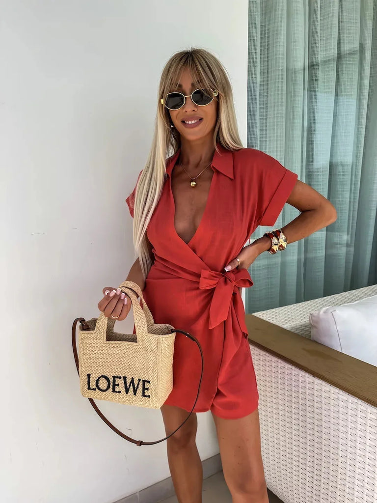 Autumn Romper for Women Jumpsuit Print Pocket Romper V Neck Cotton Linen Loose Wide Legs Casual Pants Streetwear Spring 2025