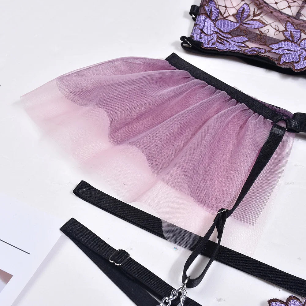 Brskbzda Fancy Lingerie Set Floral Sexy Porn Underwear Women Body Ruffle Garters Briefs Transparent Bra Chic Sexy Costume 3Piece