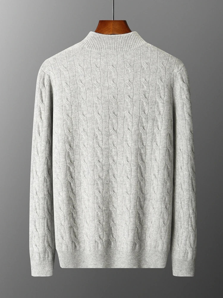 Autumn Winter Men Half Zippers 100% Merino Wool Sweater Thicken Twist Flower Pullover Retro Casual Cashmere Knitwear Solid Tops