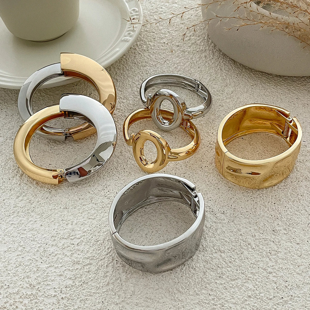 KunJoe 2025 New Smooth Gold Color Silver Color Open Spring Bangles for Women Design Geometric Wide Cuff Bracelets Hand Jewelry