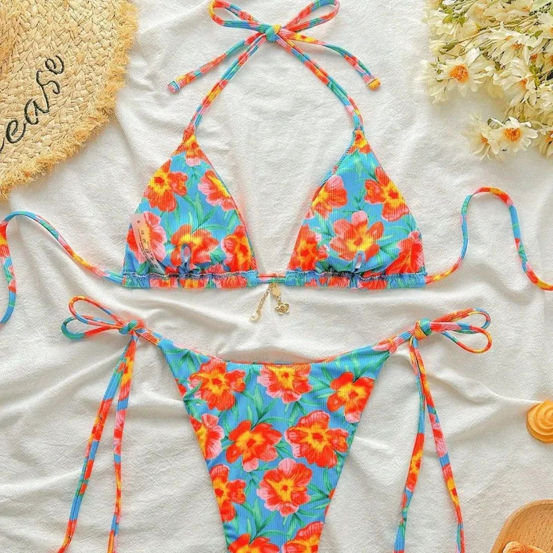 Floral Print Tie Side Bikini Set Women Sexy Trendy Cute Yet Sultry Premium Two Piece Swimsuit for Beach Hot Spring Vacation