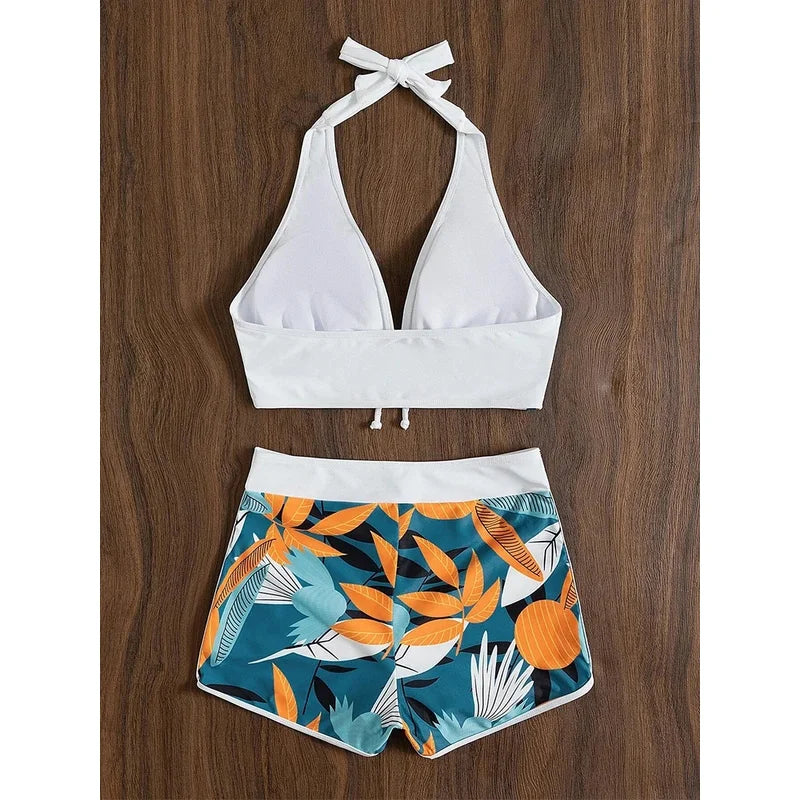 2023 Women’s Halter High‑Waist Bikini Set – Printed Short Swimsuit Two‑Piece Beachwear