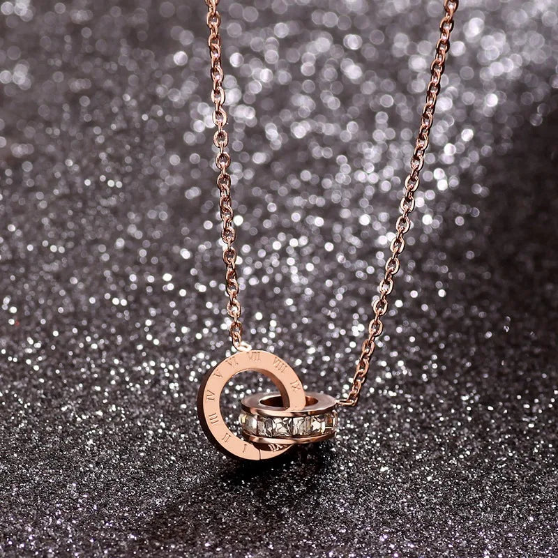 L91 new stainless steel rose gold square diamond Roman numeral double-buckle short necklace