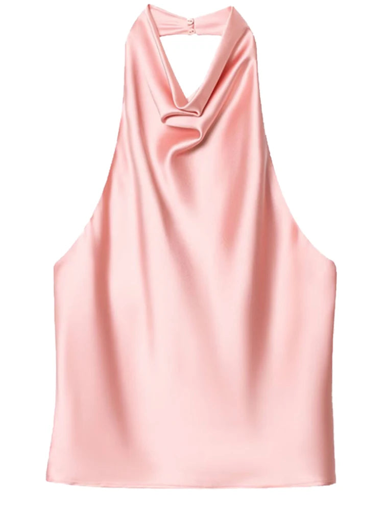 Women’s Satin Halter Backless Corset Top – Elegant Summer Sleeveless Tank in Yellow, Pink, Black