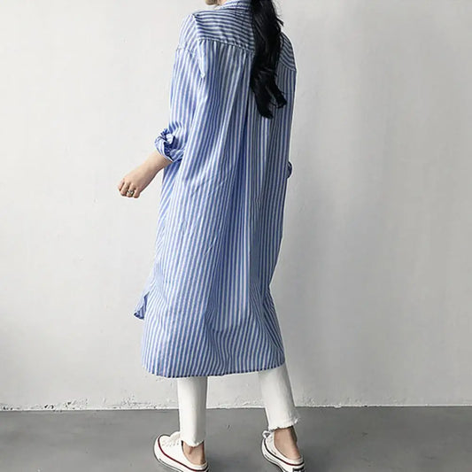 Spring Lady Shirt Contrast Color Striped Print Long Sleeves Single-breasted Cardigan Blouse Split Hem Long Blouse Lady Clothing