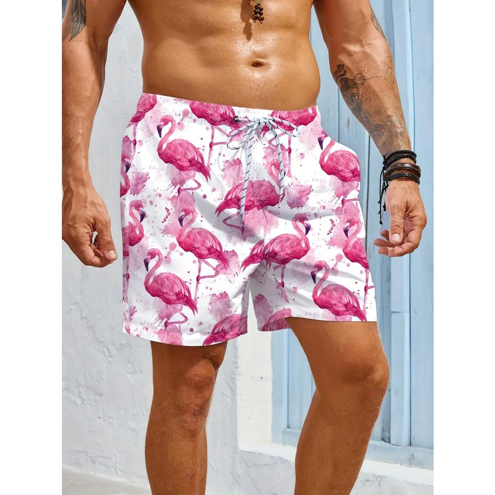 Men's Casual Beach Shorts - Quick-Dry, Drawstring Waist with Pockets, Flamingo Print, Summer Vacations Outdoor Activities