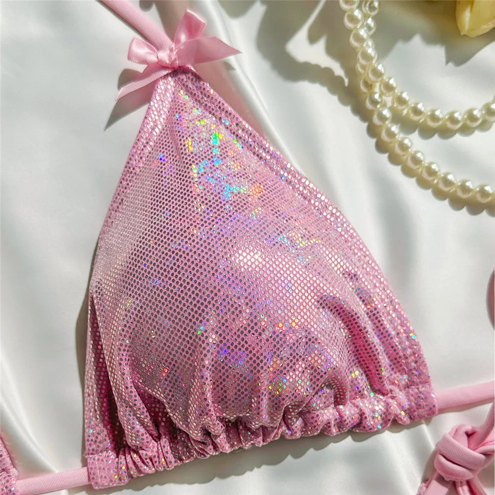 Women’s Pink Shiny String Halter Micro Bikini