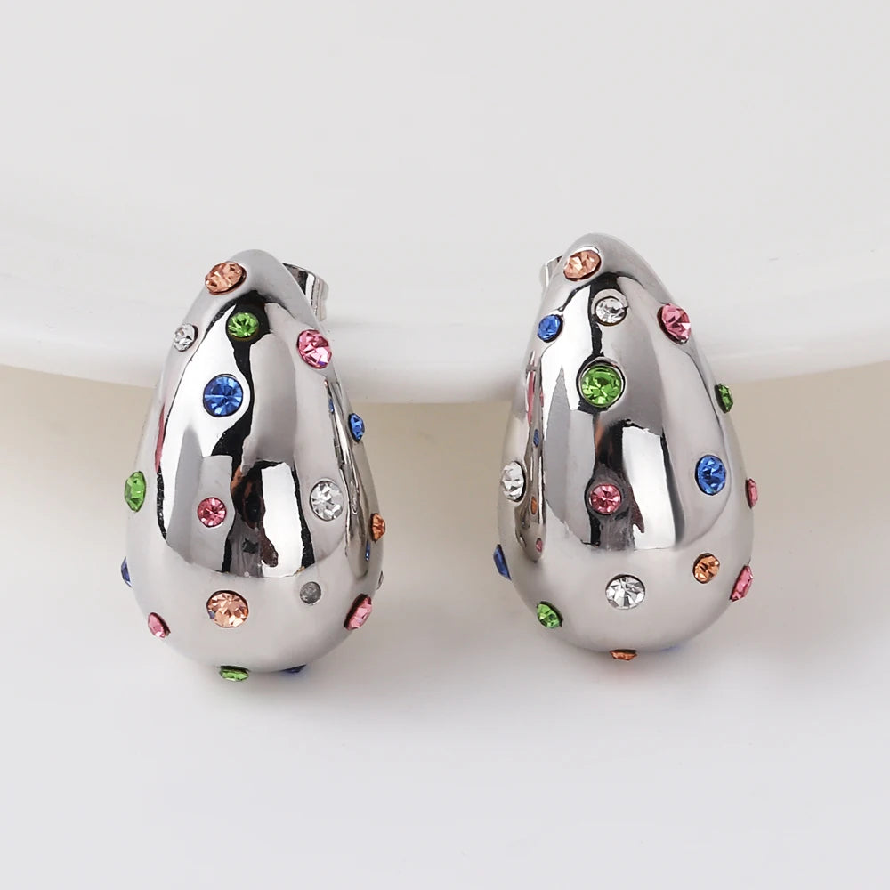 Waterproof 18K PVD Gold Teardrop Stud Earrings — Stainless Steel Inlay Bead Elegant Drop Earrings for Women