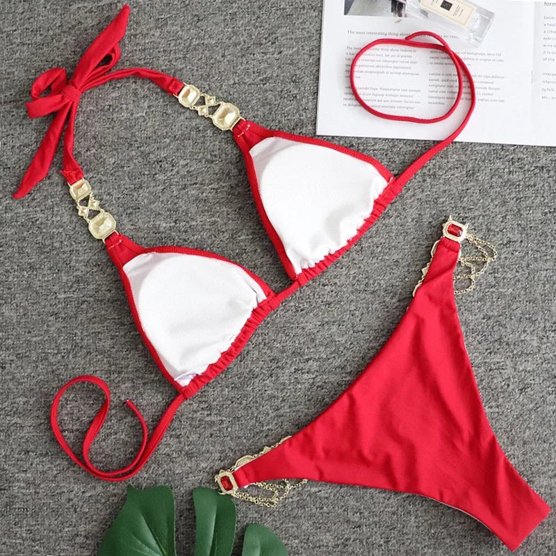 Women’s 2026 Rhinestone Diamond Bikini – Halter Chain Two‑Piece Swimsuit, Sexy Shiny Brazilian Swimwear