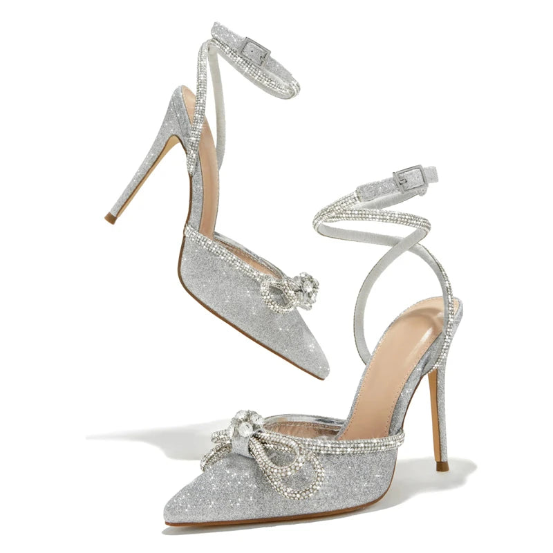Eilyken Designer Butterfly-knot Crystal Buckle Strap Women Pumps Street Style Elegant Thin High Heels Stripper Prom Shoes