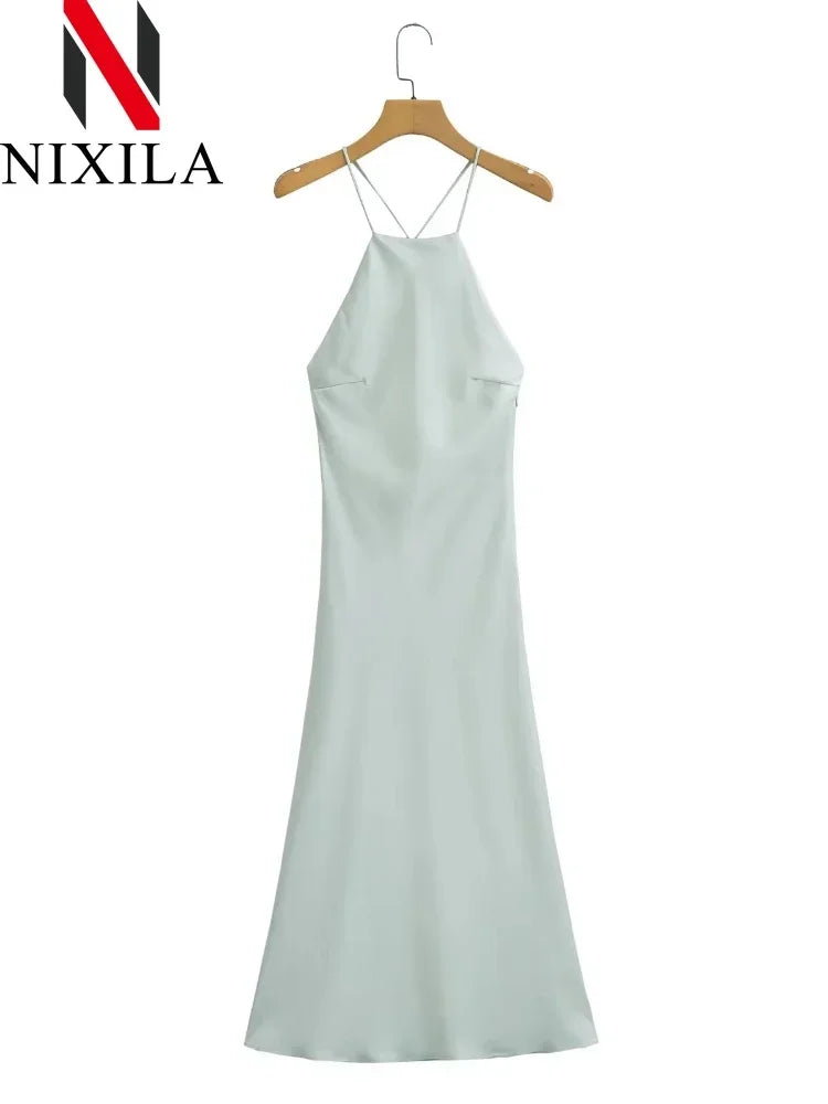 New Spring Summer Women's Maxi Dress Satin Feeling Sleeveless Dress Fashion Style Banquet Sexy Dresses Evening Female Clothing
