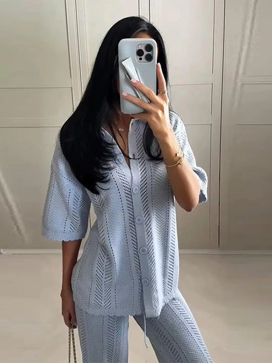 Fashion Hollow Out Knitted Long Pants Sets For Women Solid Single Breasted Short Sleeved Sweater Wide Leg Trouser 2 Pieces Suit