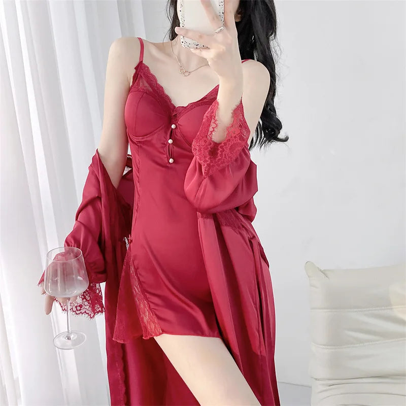 2Pcs Robe Set Beige Night Dress Sexy Bride Wedding Morning Dress Gown Loose Bathrobe Suit Rayon Nightwear Loungewear Homewear