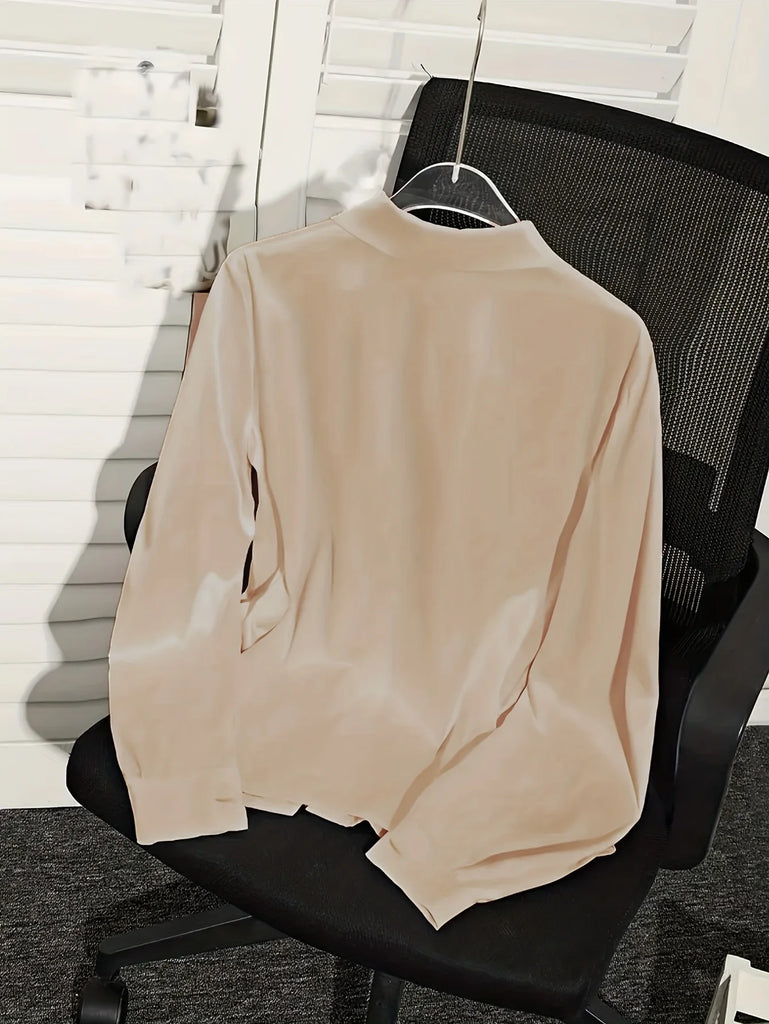 Plus‑Size Satin Long‑Sleeve Shirt 2026 — Pleated Draped Collar Elegant Office Top
