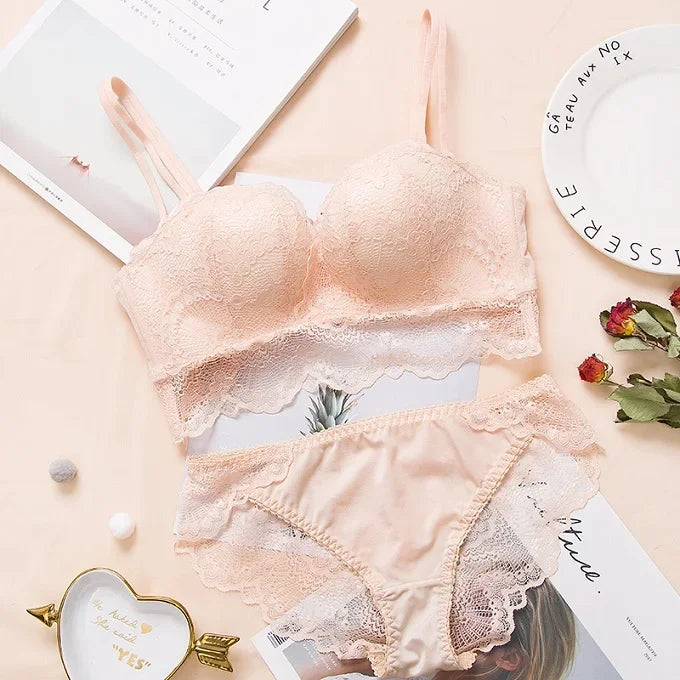 Sexy Push Up Bra Lingerie Set - Comfortable Wireless Lace Underwear, Massage Palm Cup for Lift, 75C/80C/85C