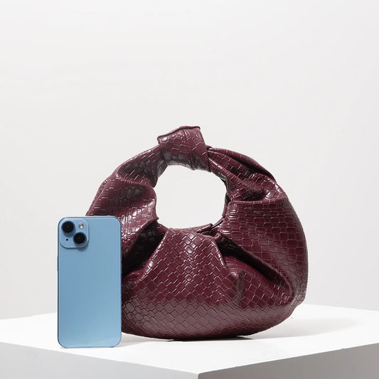 Retro Artificial Leather Woven Pattern Handbag, Knotted Decorative Crescent Bag, Pleated Cloud Bag, Women's Party Dress, Burgundy Wallet, Elegant Evening Bag (Random Pattern)