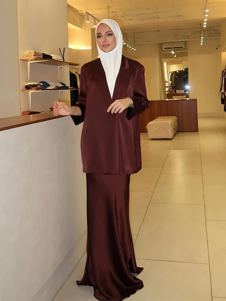 Elegant Long Skirt Set for Women Casual Solid Loose Long Sleeve Lapel Shirt Female Skirts Suit 2025 Spring Lady 2 Pcs Outfits