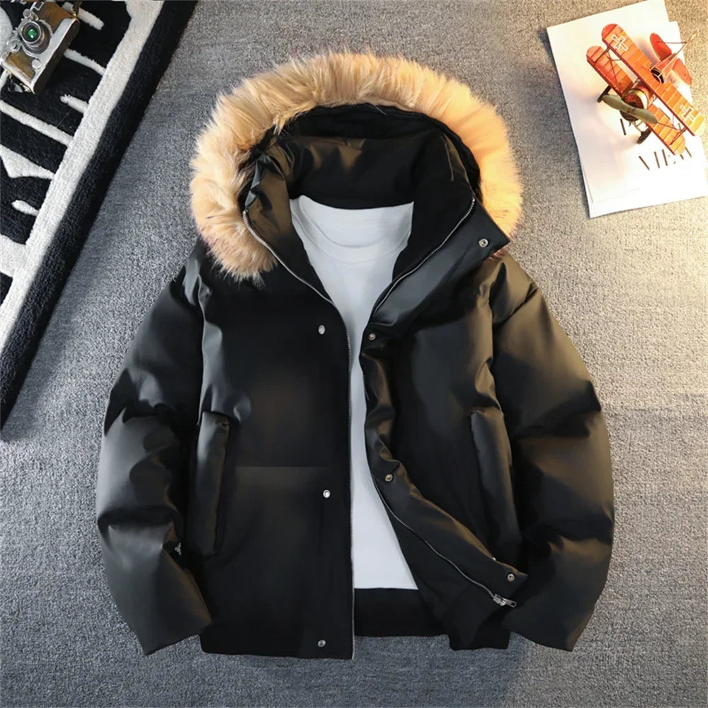 Winter Down Puffer Overcoat Men Fur Collar Soft Leather Parkas Men's Windproof Padded Coat Streetwear Men's Outdoor Parka Jacket