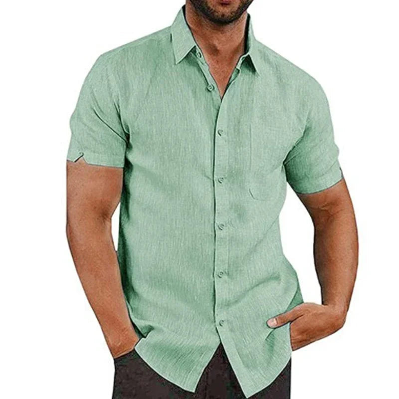 Men’s Cotton‑Linen Summer Shirt – Solid Short‑Sleeve Turn‑Down Collar Casual & Beachwear Top