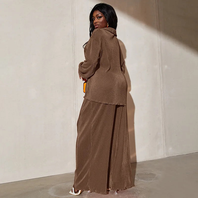 CM.YAYA Street Women's Set Long Sleeve Shirt Tops and Wide Leg Pants Elegant Tracksuit Two Piece Set Sweatsuit Fitness Outfits