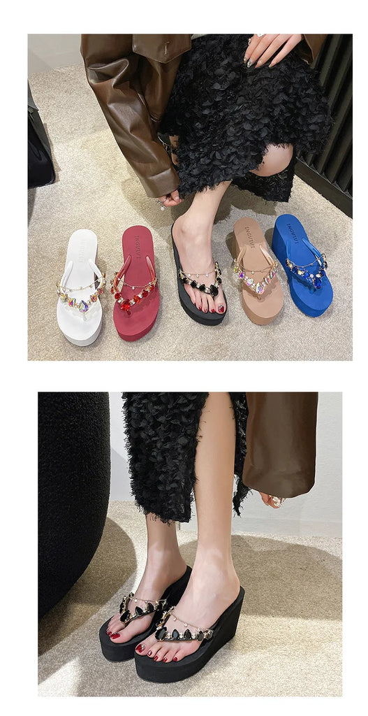 Women’s High Heeled Flip Flops — Diamond Slope Heel Slippers Elegant Beach Sandals