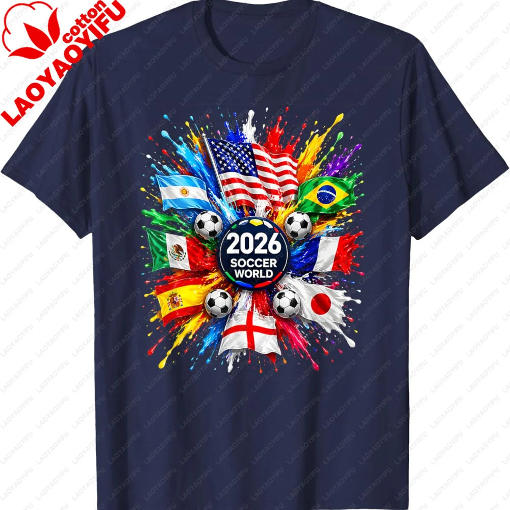 Men’s 2026 Soccer T‑Shirt — World Flag Color Splash Football Print Crew Neck Tee