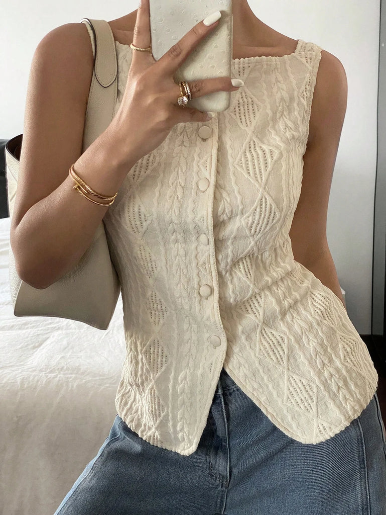 Women’s Sleeveless Geometric‑Texture Single‑Breasted Shirt – Casual Summer Minimalist Top