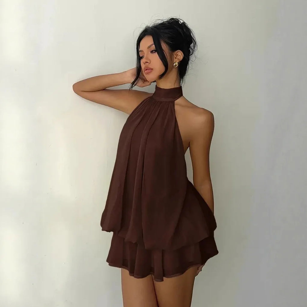 Women’s Backless Halter Neck Dress – Tie‑Front Chiffon Sheer Mini Skirt, Sexy Y2K Vintage Party Dress