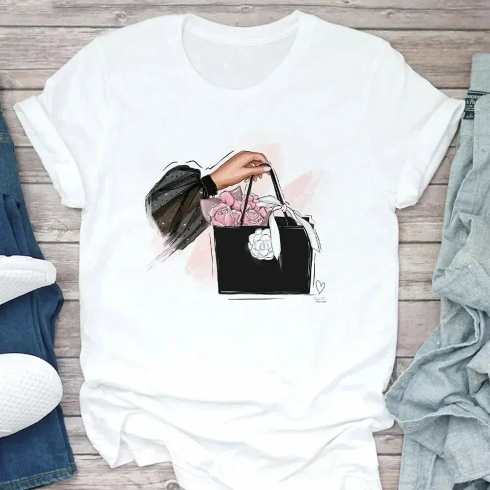 Women's T Shirt Summer Fashion Girl Bag Printed Ladies T-shirt Casual Short Sleeve Female Clothing Top Tee White Short Sleeve