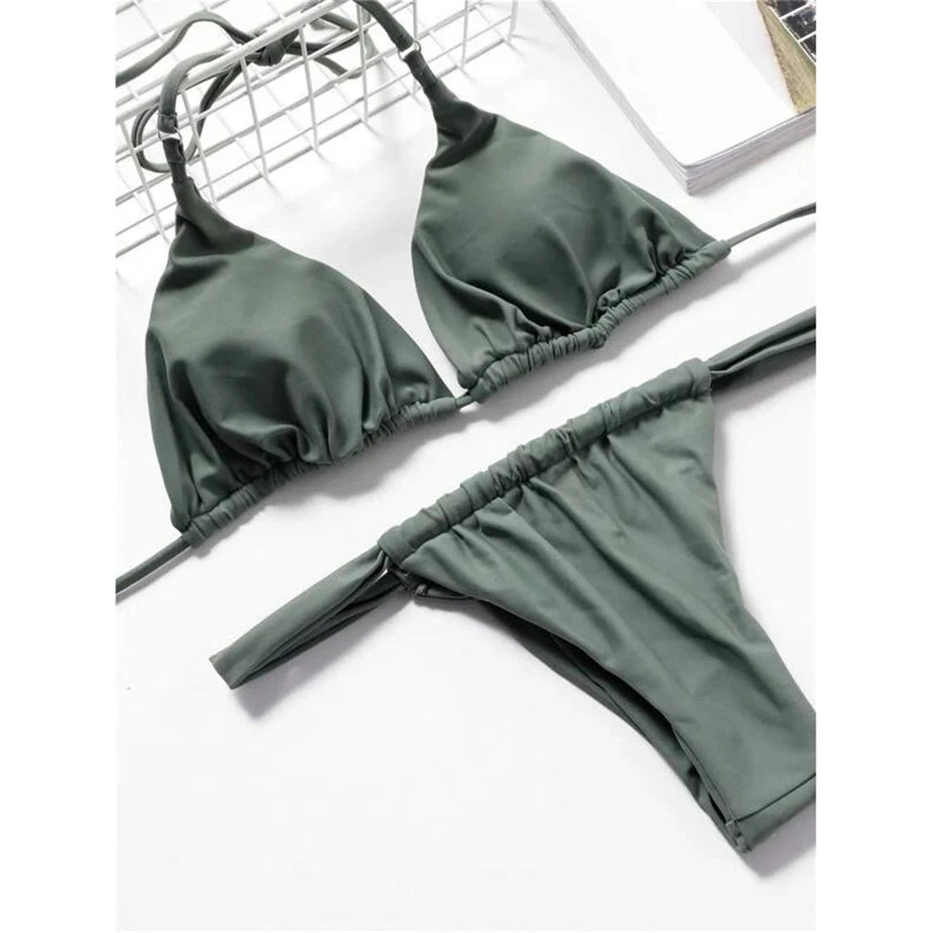 Women’s Halter High‑Leg Bikini Set – Sexy Two‑Piece Swimsuit in 14 Colors, V4010 Summer Beachwear