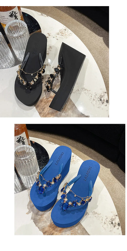 Women’s High Heeled Flip Flops — Diamond Slope Heel Slippers Elegant Beach Sandals