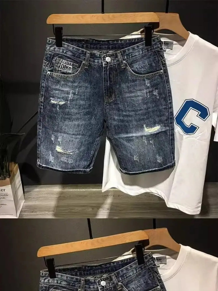 High-end 2025 New Luxury Clothing Trendy Men's Denim Shorts Loose Straight Ripped Hole Distressed Washed Cargo Short Pants