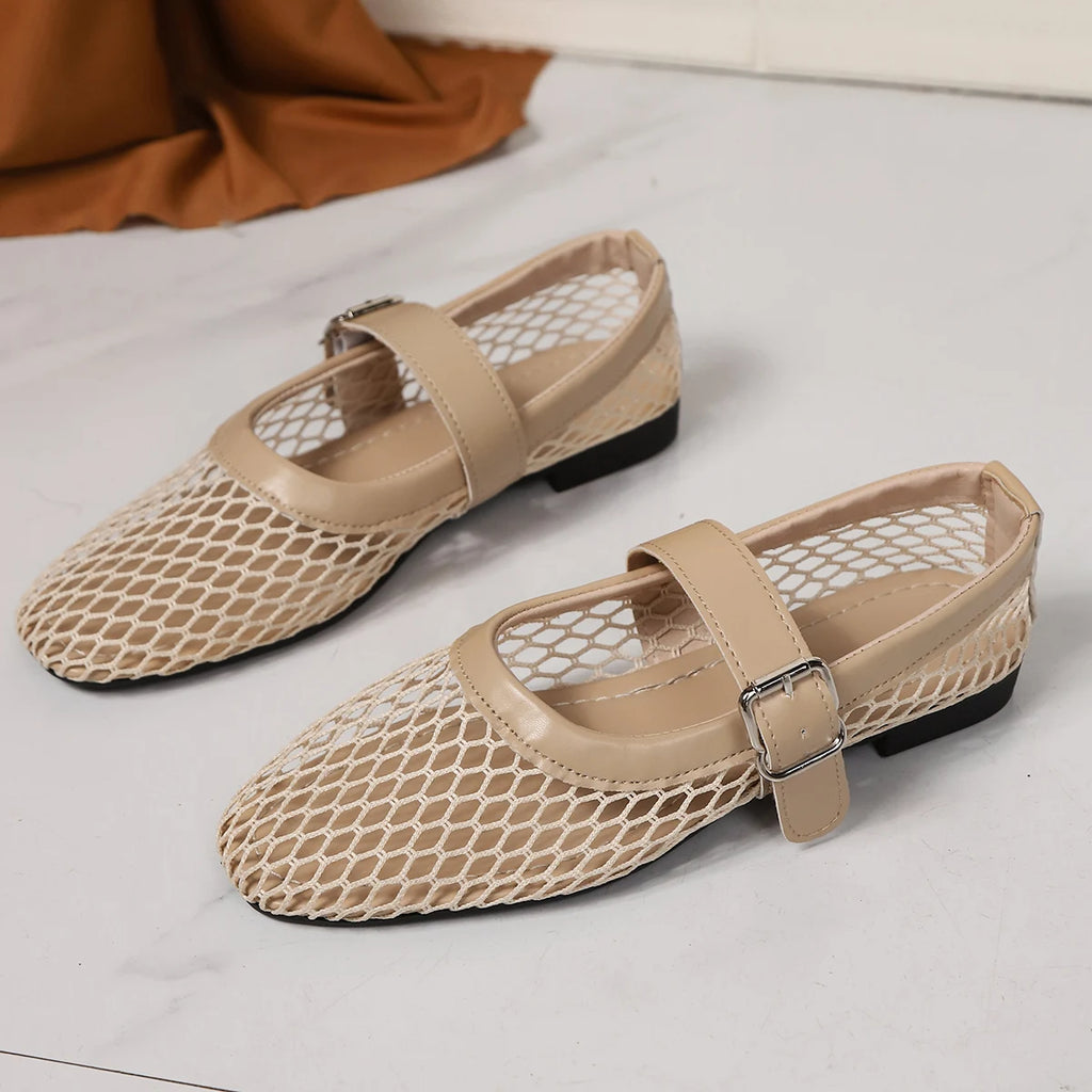 2025 Women’s Round Toe Flat Shoes — Breathable Hollow Ballet Mary Jane Sandals Casual Designer Style