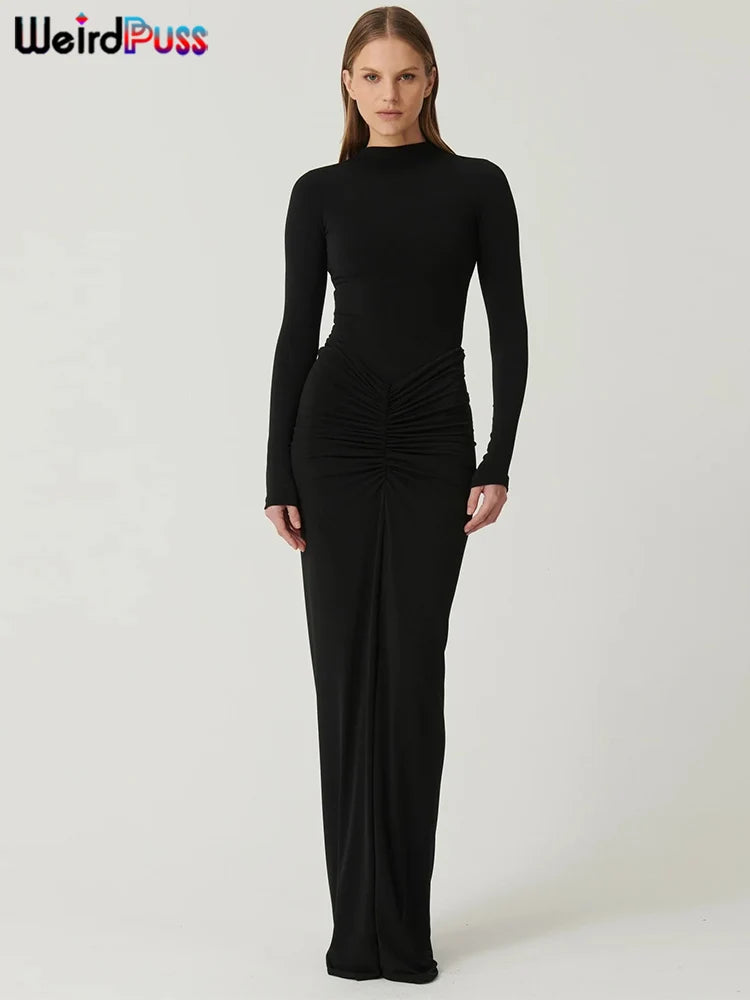 Women’s Ruched Long‑Sleeve Bodycon Dress – O‑Neck Slim Fit Hipster Pleated Autumn Classic