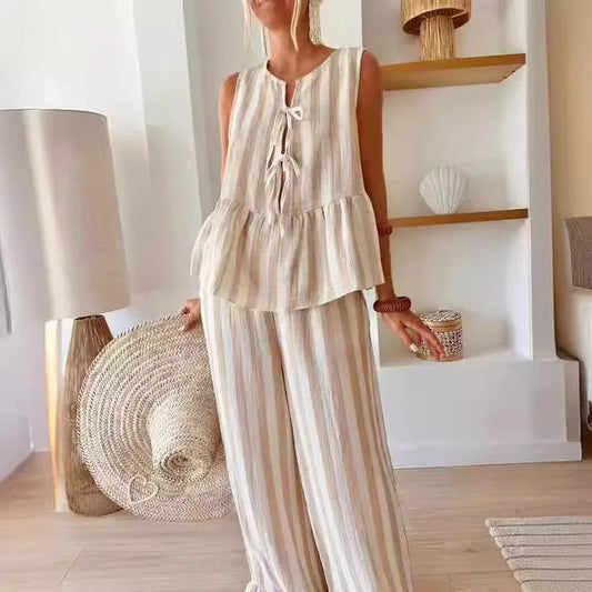 Stripe Lace Up Shirts Set Women Casual O-neck Sleeveless Hollow Out Blouse Vest Wide Leg Trousers 2-piece Sets Lady Beach Outfit