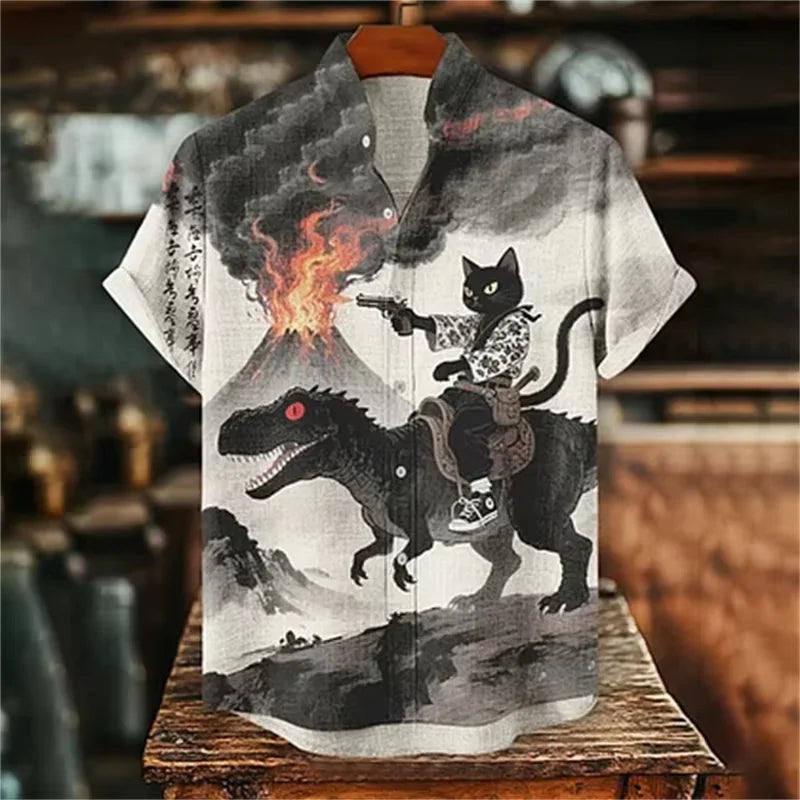 Men's Retro Cat Shirt Funny Calligraphy Dinosaur Volcanic Eruption Print Short Sleeve Holiday Outwear Vintage Japanese Clothing