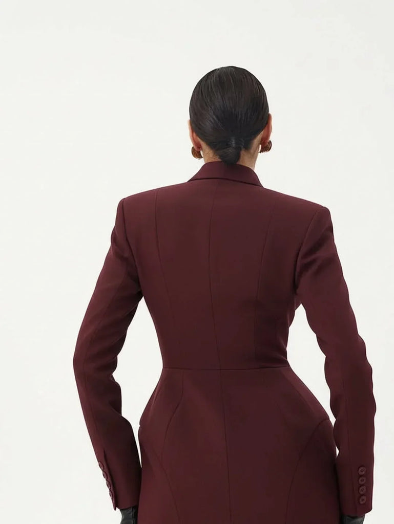 Women Waist Cinching Suit Jacket Elegant V-neck Full Sleeve Single Button Shoulder Pad Slim Coat Fashion Lady Commute Outerwear