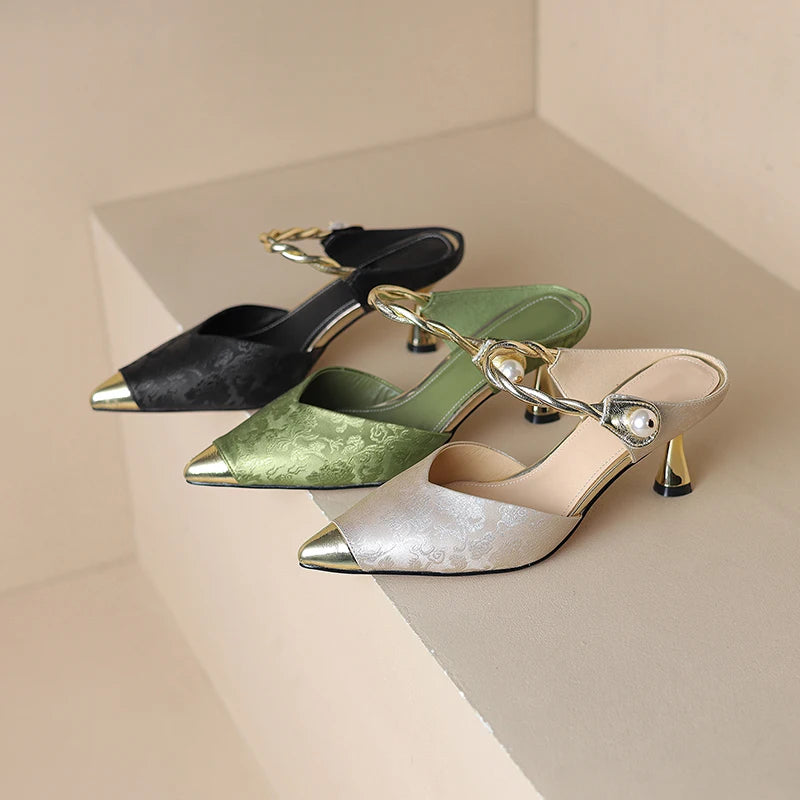 Pointed Toe Pearl Slingback Sandals