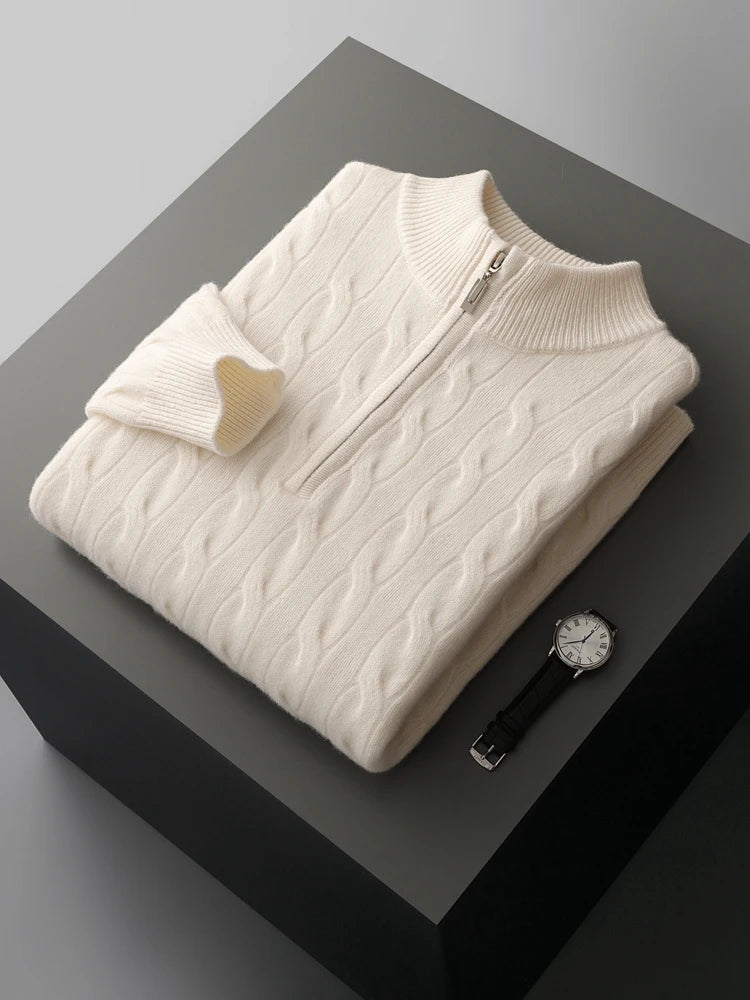 Autumn Winter Men Half Zippers 100% Merino Wool Sweater Thicken Twist Flower Pullover Retro Casual Cashmere Knitwear Solid Tops