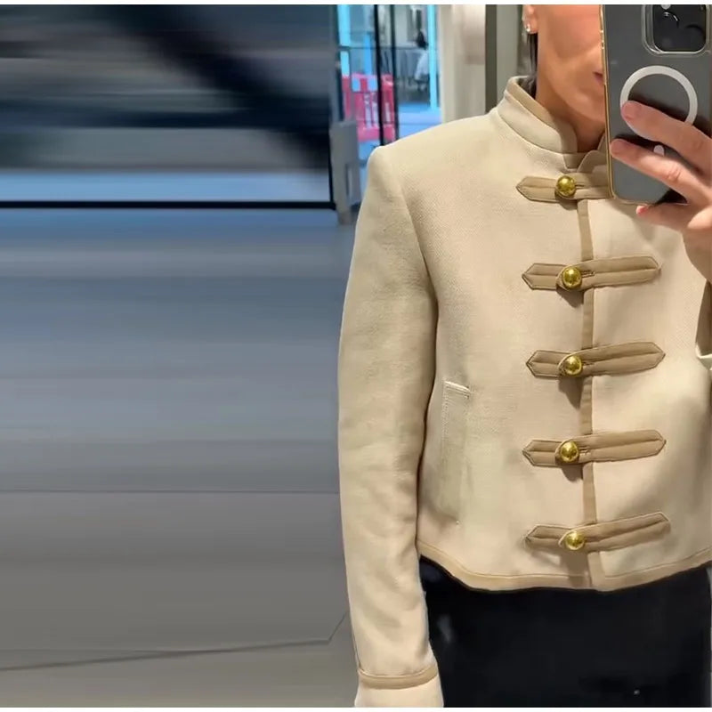 Napoleon Golden Short Jacket Women Vintage Stand Collar Long Sleeve Cropped Jackets 2026 Spring New Lady Outwear High Street