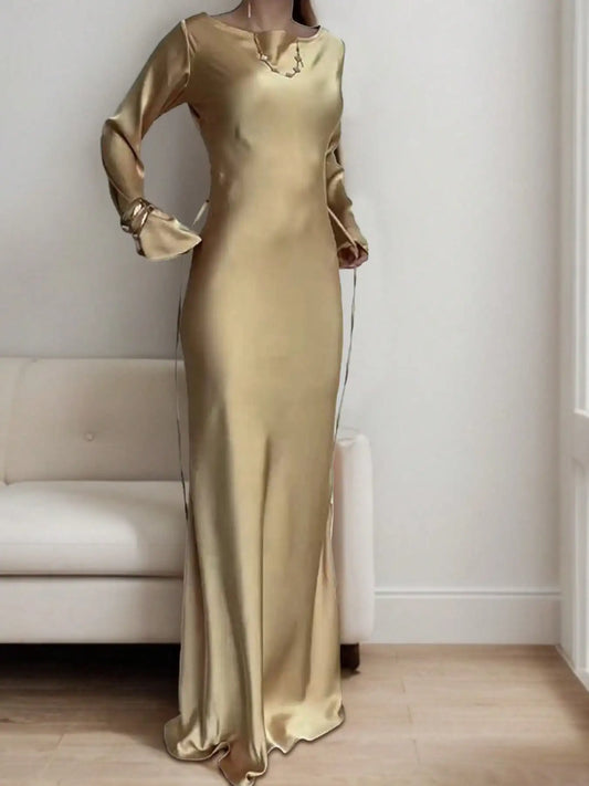 Women’s Bespoke Satin Maxi Dress – Corset Waist Tie, Round Neck & Flared Sleeves | Luxury Evening Gown 2026