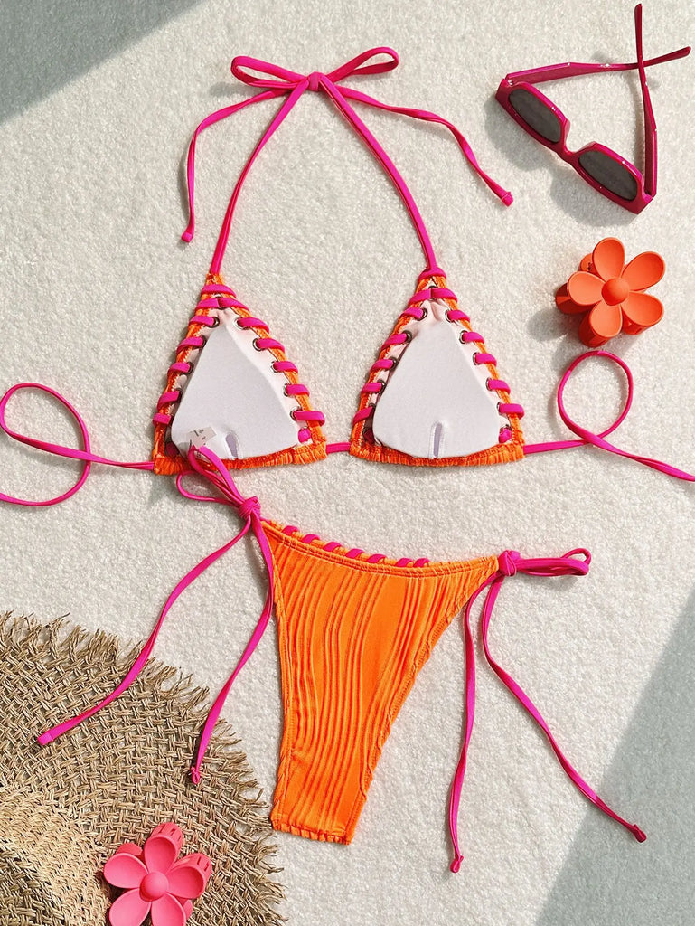 Halter Wrinkled Weave Bikini Set Women Swimwear Female Swimsuit Two Pieces Bikini Set Brazilian Bathing Suit Swim Beach Wear