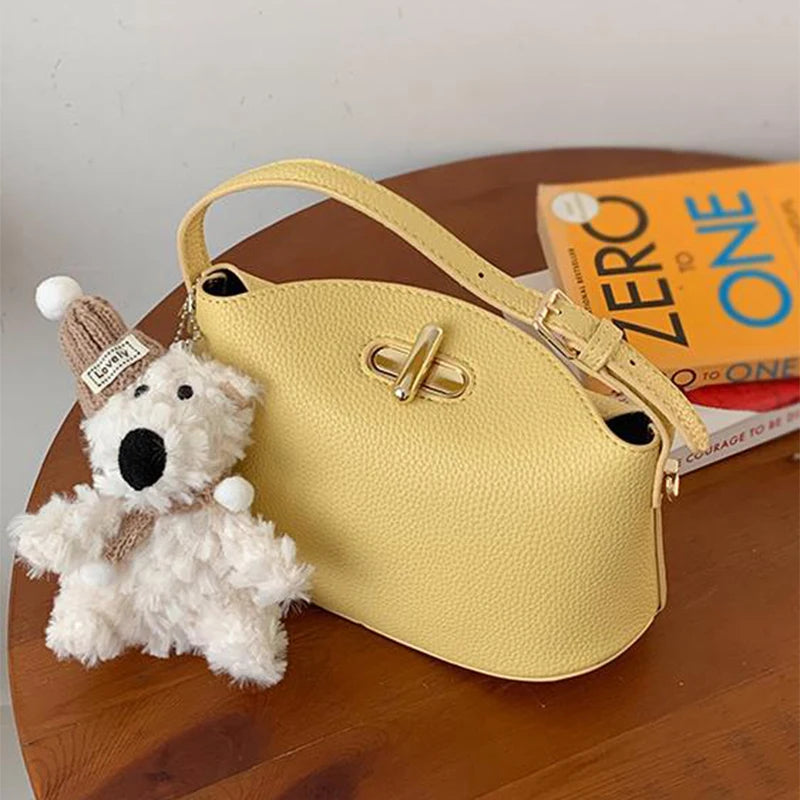 Litchi Leather Gold Button Handbag Brand Niche Fashion Simple Bucket Bag Korea Soft Pink Versatile Luxury Shoulder Bag For Women