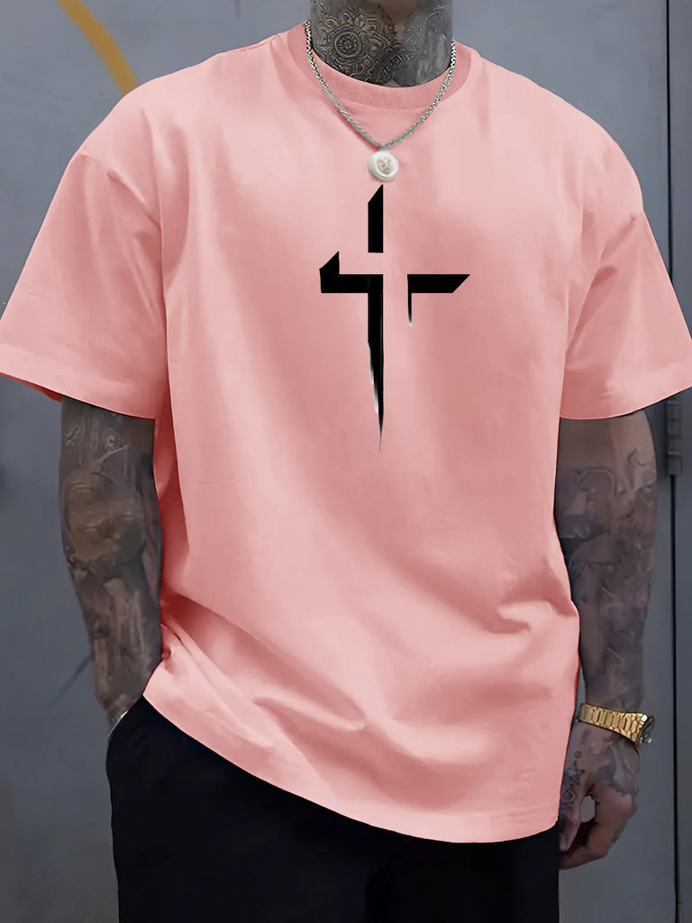 Men’s 100% Cotton Cross‑Print T‑Shirt – Loose Plus‑Size Summer Sports Tee | Comfortable Round‑Neck Casual Top