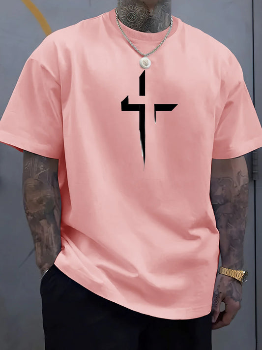 Men’s 100% Cotton Cross‑Print T‑Shirt – Loose Plus‑Size Summer Sports Tee | Comfortable Round‑Neck Casual Top